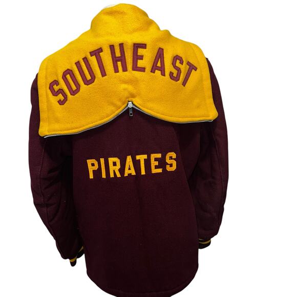 Vintage Varsity Wool hooded Delong coat sz 38. Southeast Pirate "Jennifer" Gold - Picture 1 of 11